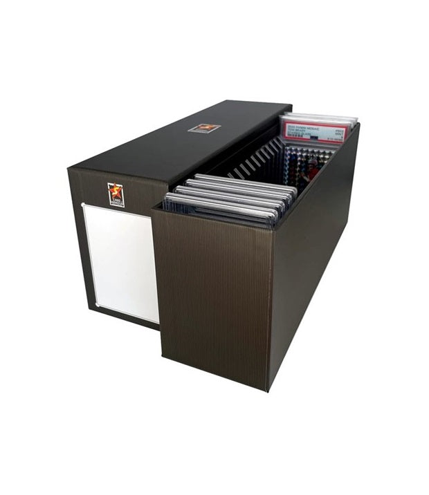 BCW graded card storage box holding PSA slabs