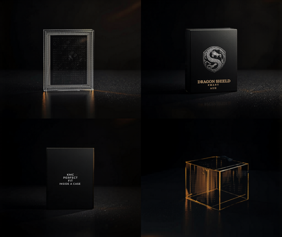 Dragon Shield, Ultra Pro, KMC, and BCW card sleeves arranged on a dark surface