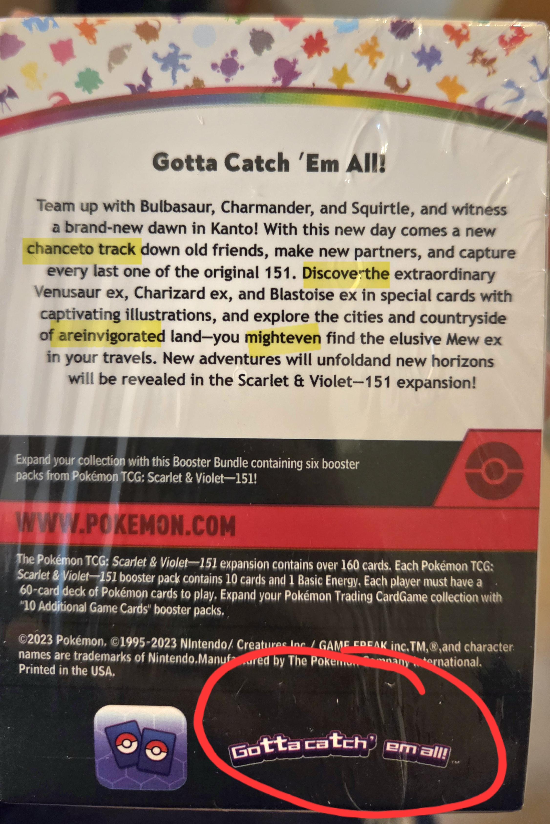 Back of a fake Pokemon 151 booster bundle showing spelling errors like "chanceto" and "mighteven" circled in red