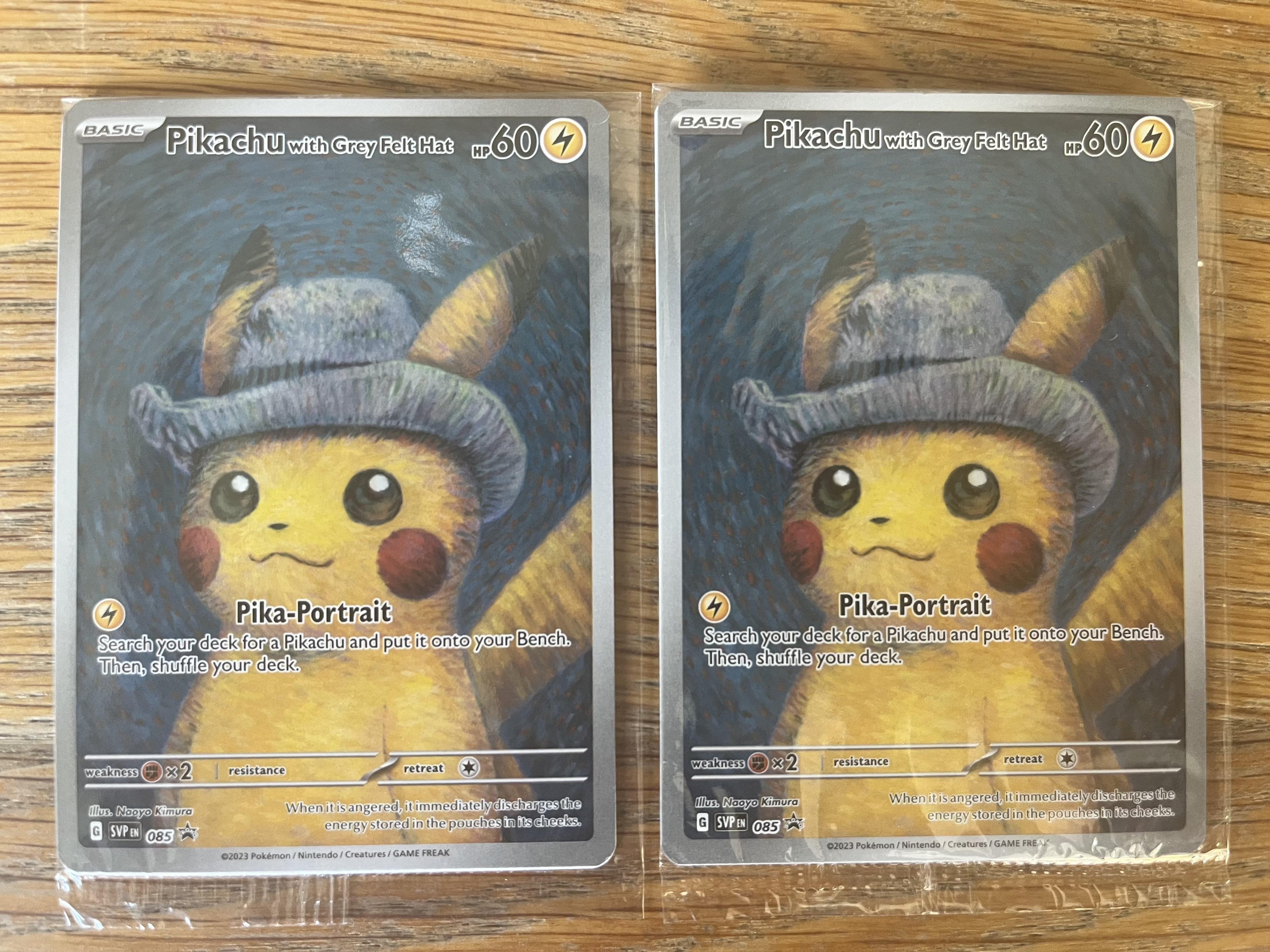 Two Pikachu with Grey Felt Hat promo cards side by side, one purchased for €230 online and one received for free at a card shop. Collectors debated which was real.
