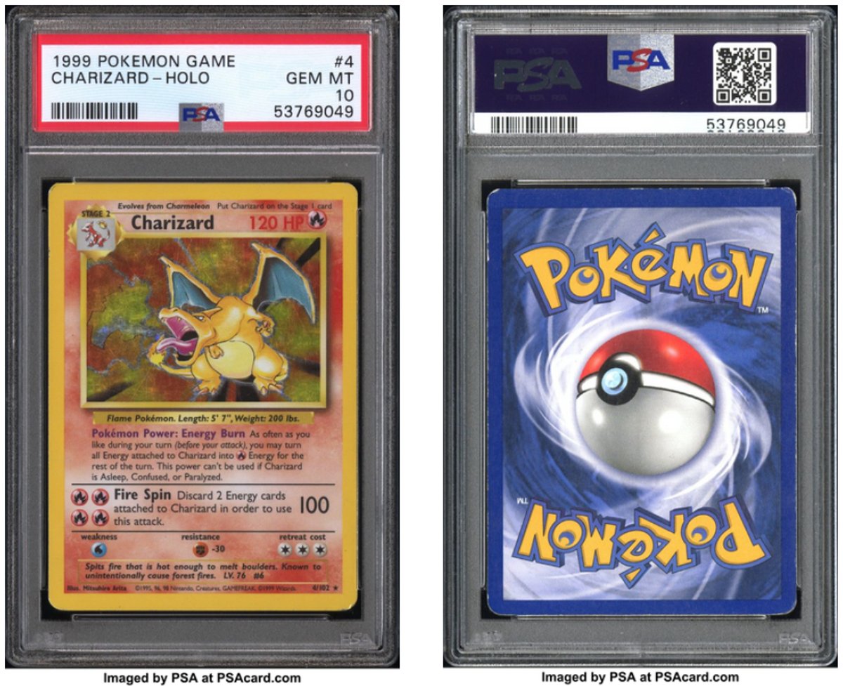 Base Set Charizard PSA 10 front and back scans from PSA's own website, from a post titled "Quite possibly the worst PSA 10 Base Set Charizard in existence."