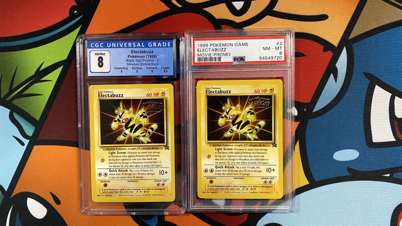 CGC 8 and PSA NM-MT 8 Electabuzz slabs side by side — the same Base Set card graded by both companies
