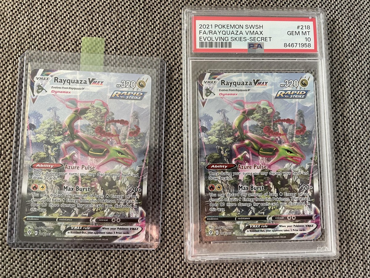 A Rayquaza VMAX card shown raw (left) next to the same card in a PSA 10 Gem Mint slab (right). The graded version commands a significant premium over raw.