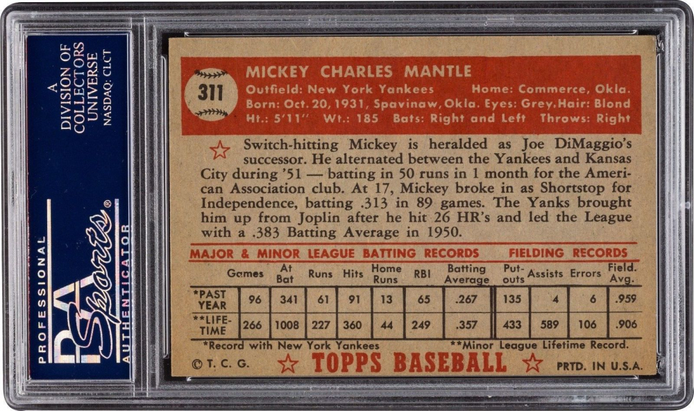 A 1952 Topps Mickey Mantle #311 graded PSA 8, the tier just below the known PSA 9 population